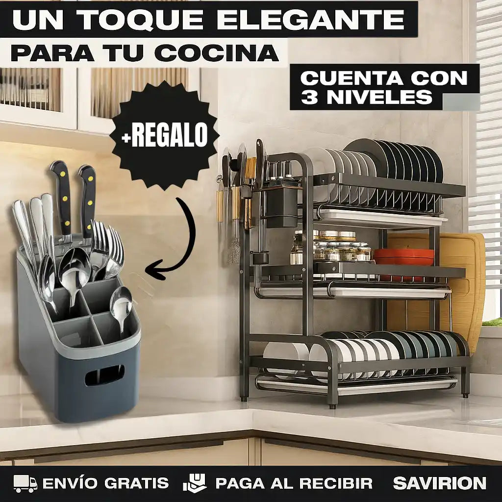 ESCURRIDOR PARA PLATOS DE 3 NIVELES ACERO INOXIDABLE + REGALO