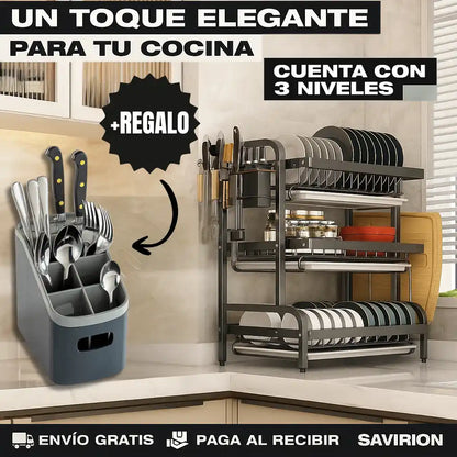 ESCURRIDOR PARA PLATOS DE 3 NIVELES ACERO INOXIDABLE + REGALO